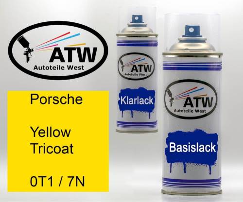 Porsche, Yellow Tricoat, 0T1 / 7N: 400ml Sprühdose + 400ml Klarlack - Set, von ATW Autoteile West.